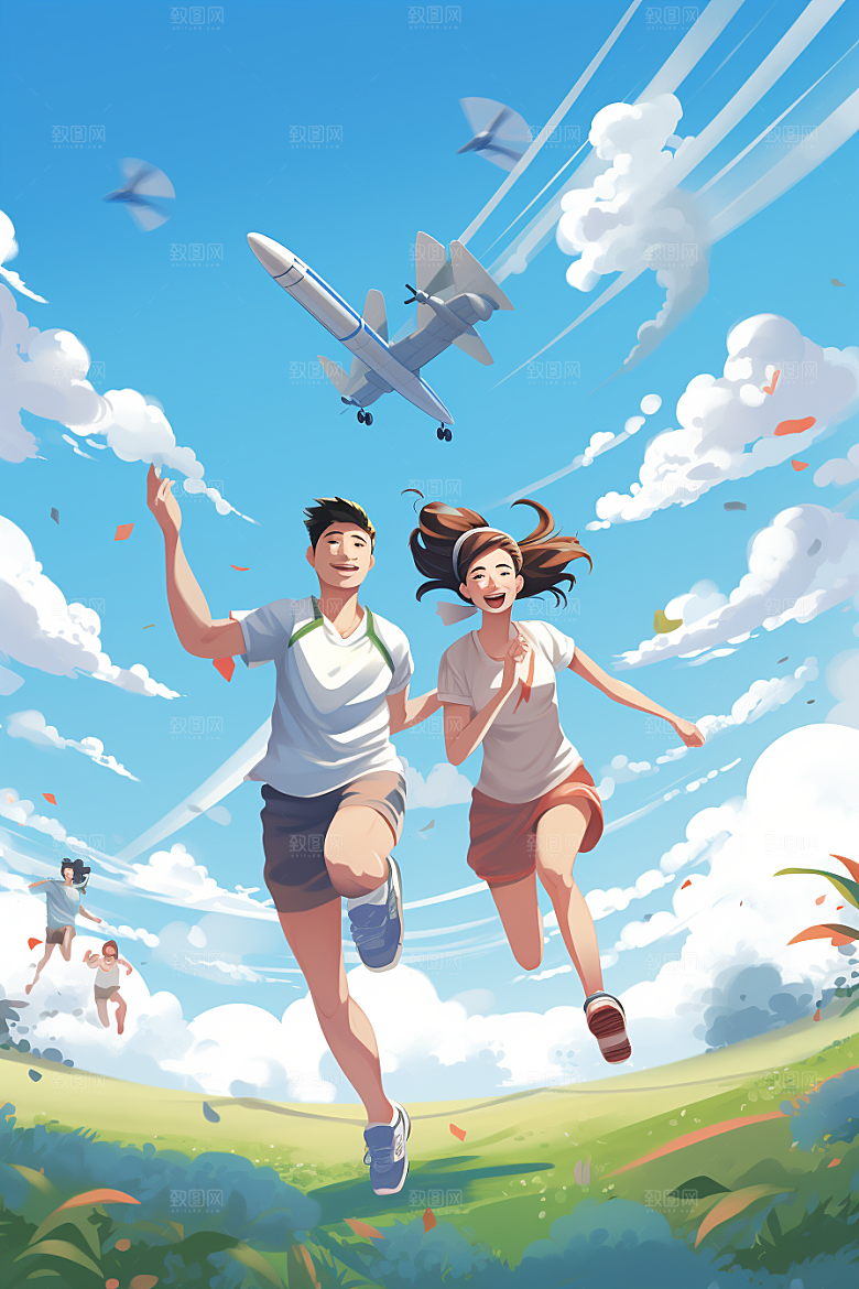 打羽毛球彩色涂鸦风格插画