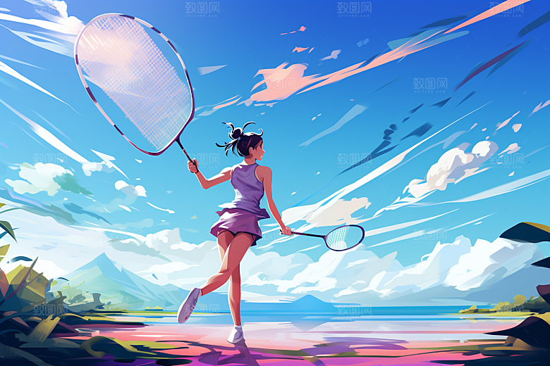 打羽毛球篮球运动员体育插画