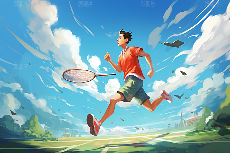 打羽毛球健身篮球运动员插画