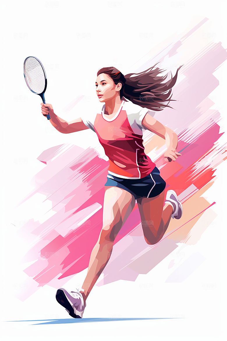 打羽毛球手绘彩色插画