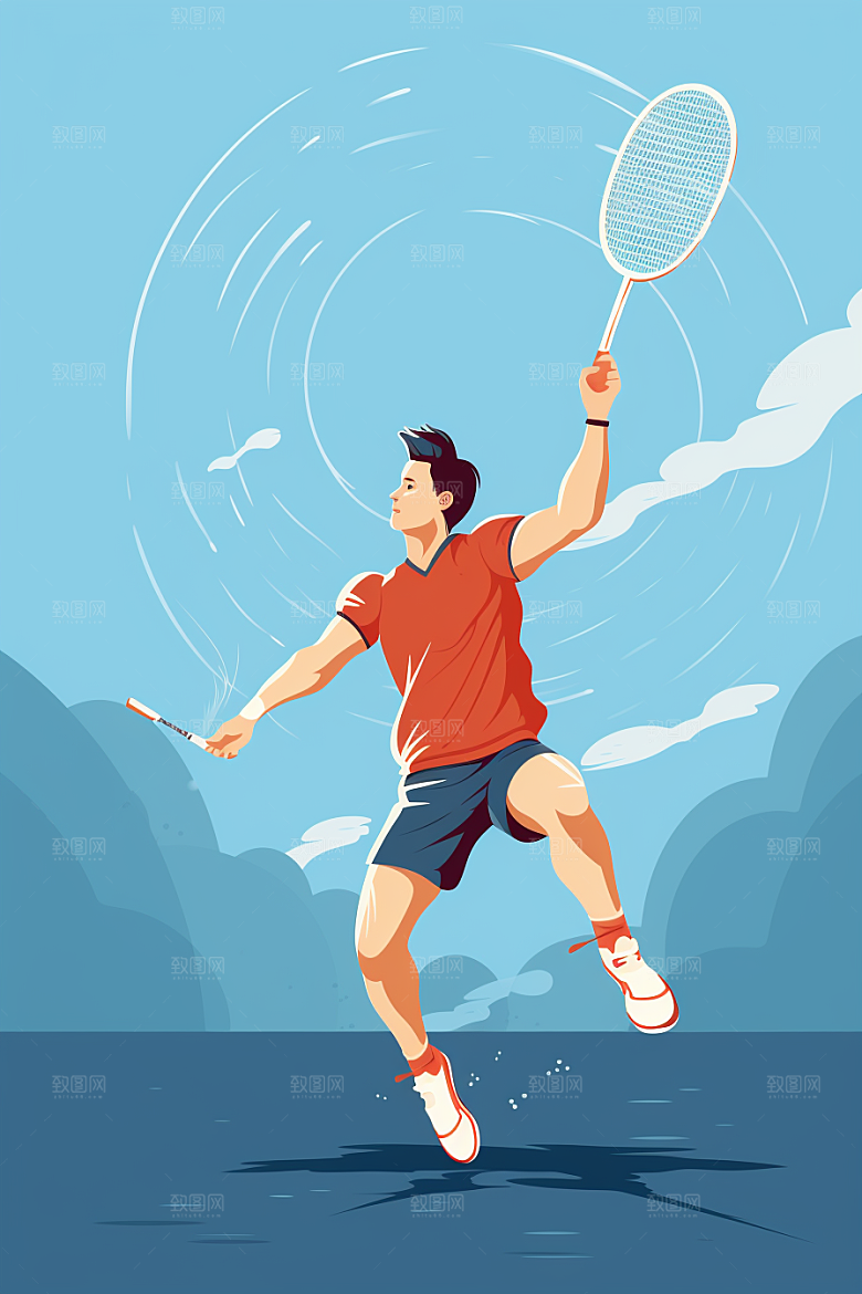 打羽毛球篮球运动员体育插画