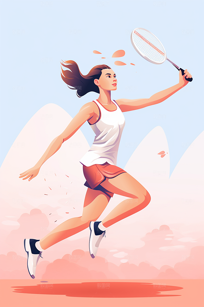 打羽毛球健身彩色插画