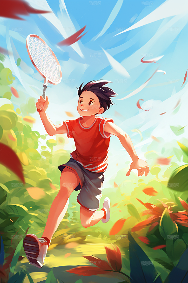 打羽毛球手绘彩色插画