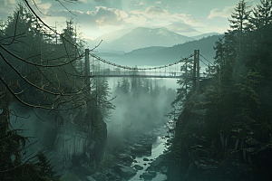 吊桥山林美景摄影图