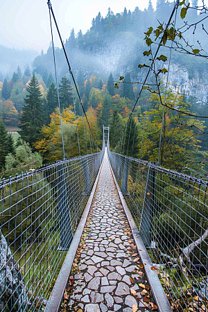 吊桥景色山林摄影图