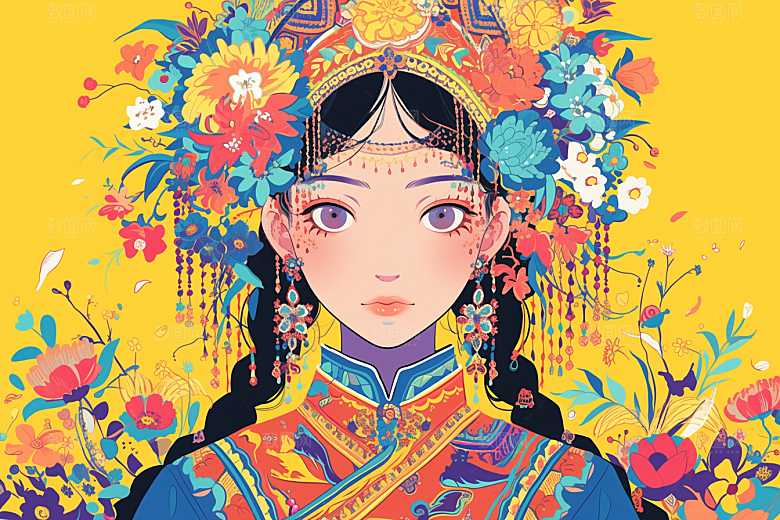 东方人物艺术风少女插画
