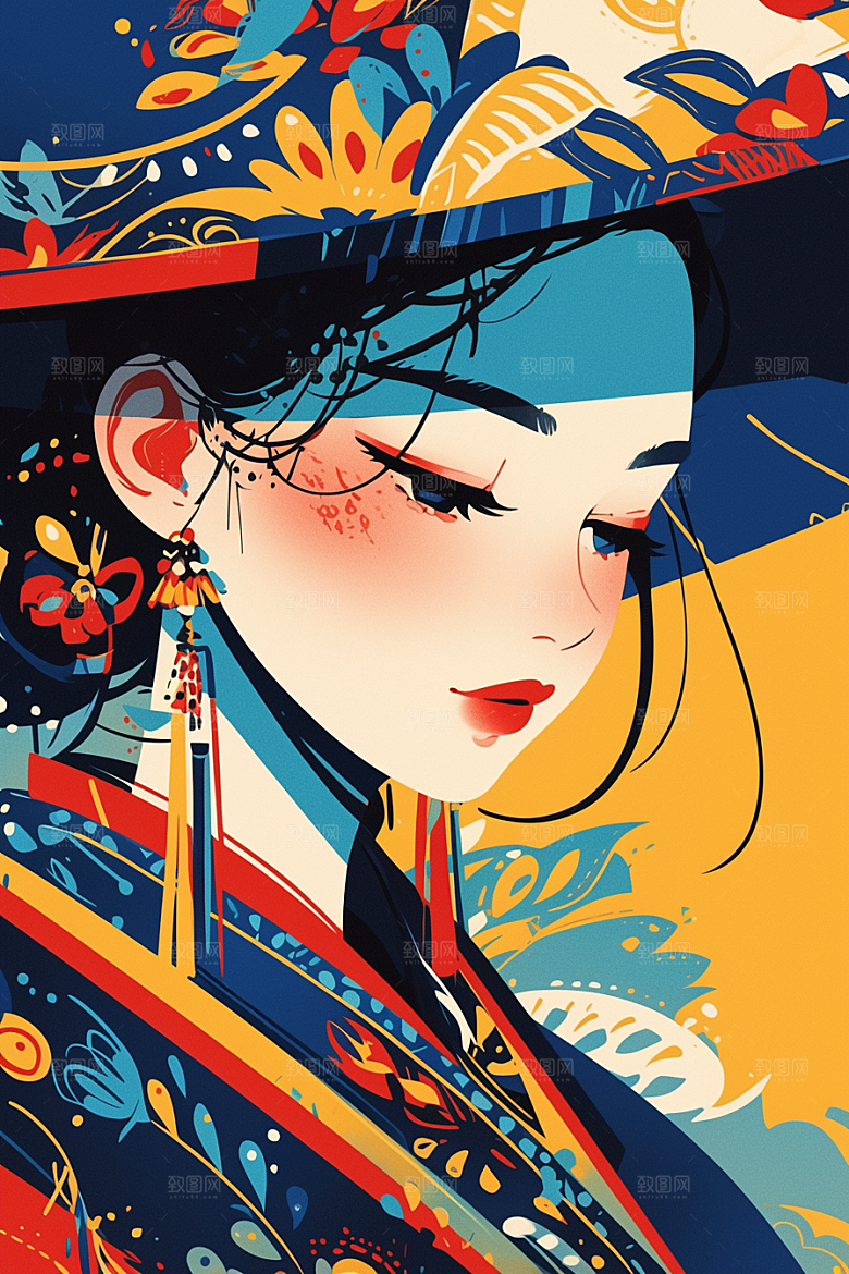 东方人物少女艺术风插画