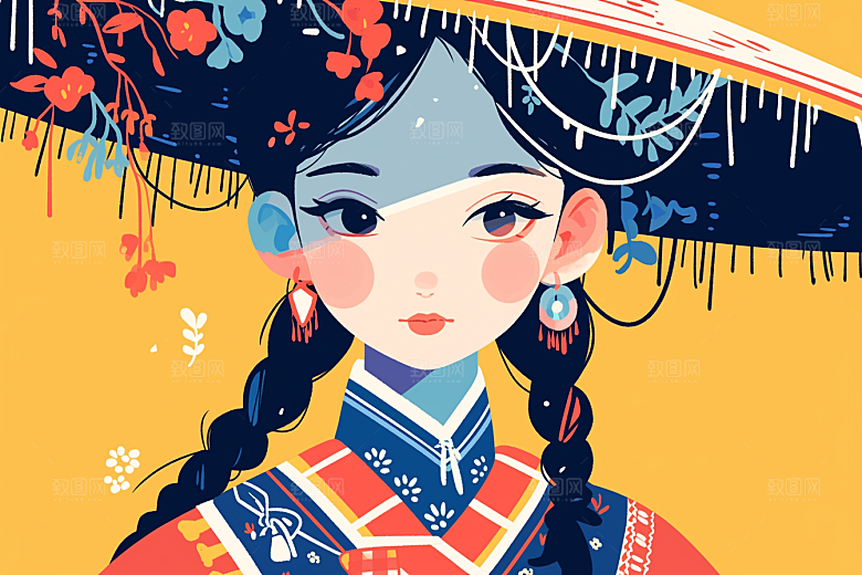 东方人物文化风格化插画