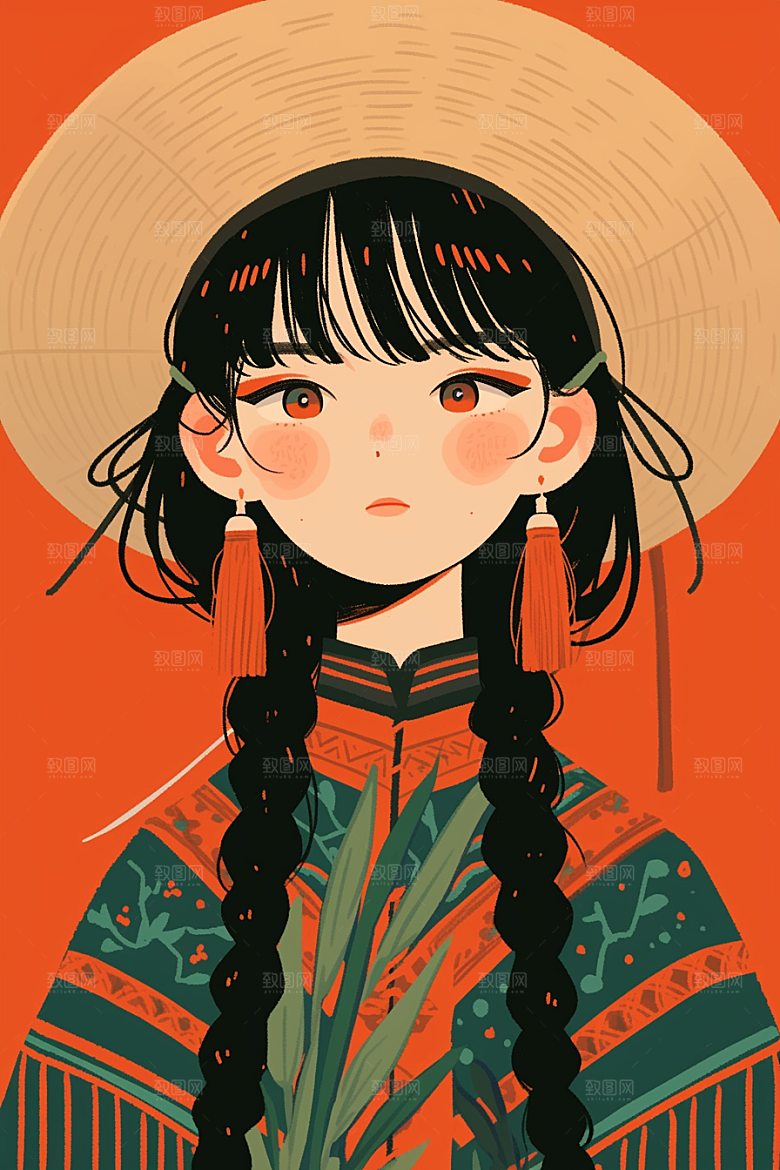 东方人物唯美风格化插画