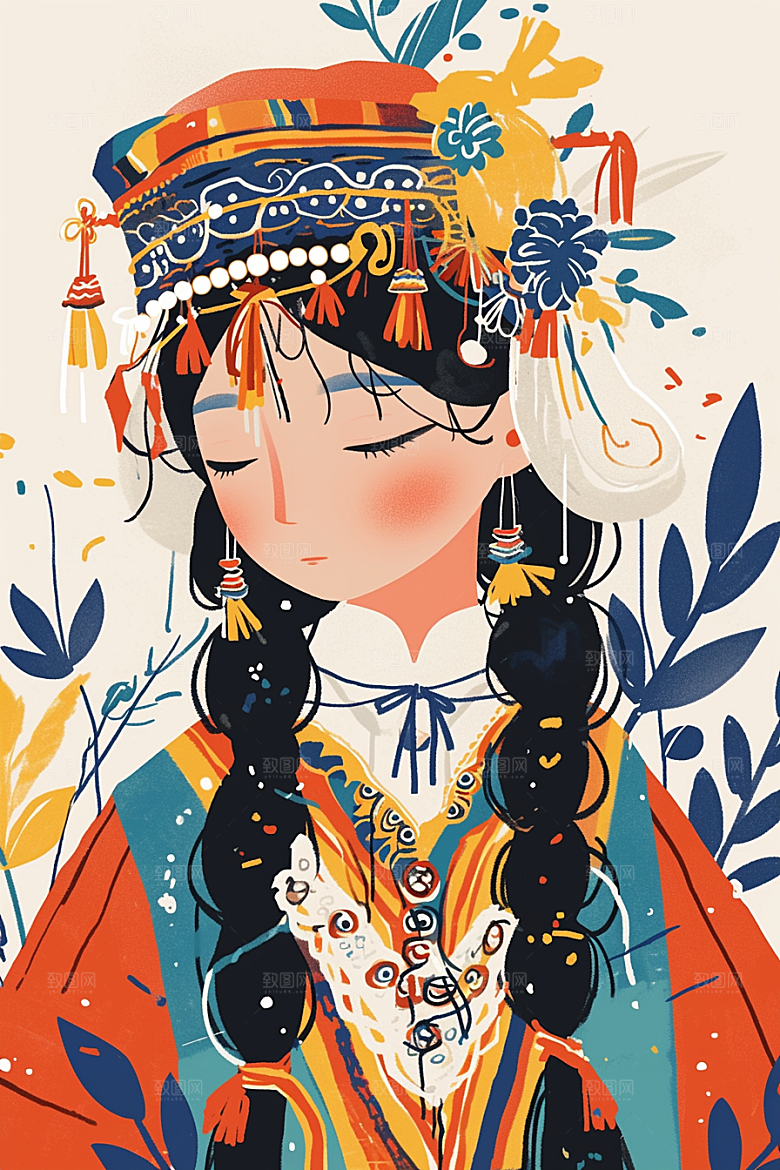 东方人物少女手绘插画