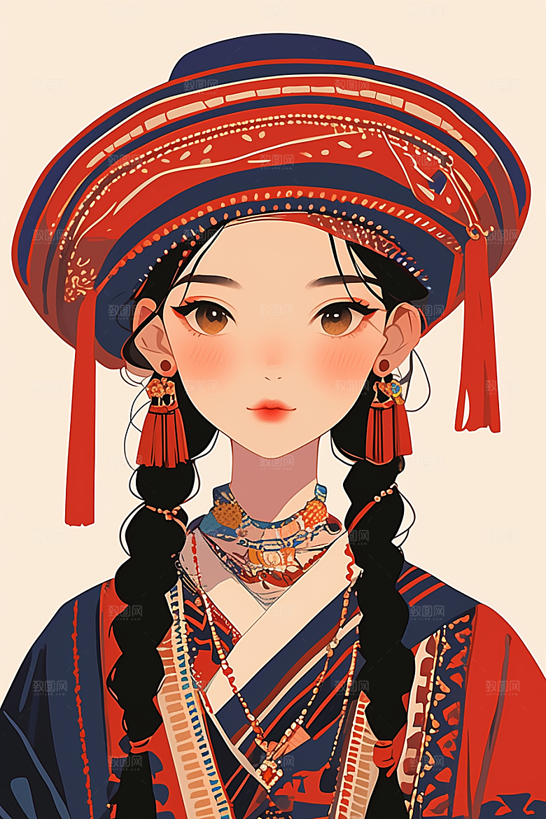 东方人物风格化手绘插画