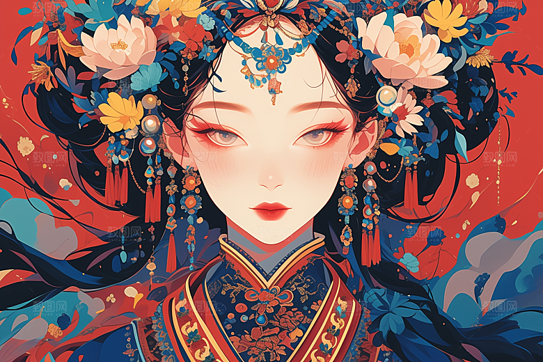 东方人物艺术风少女插画