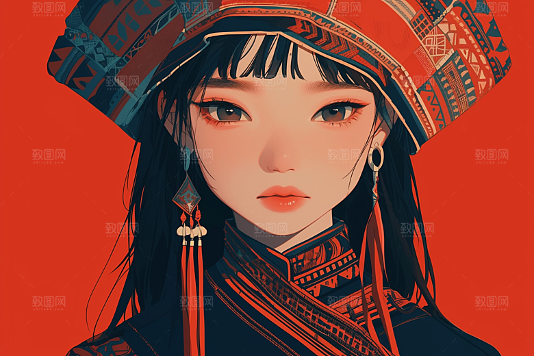 东方人物手绘民族服饰插画