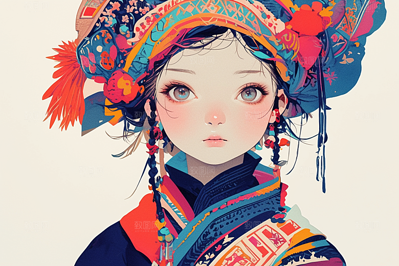 东方人物民族服饰风格化插画