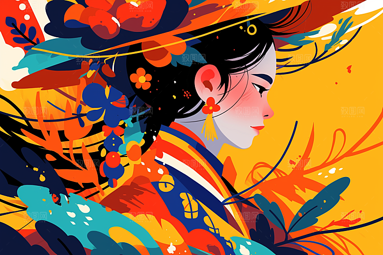 东方人物卡通手绘插画