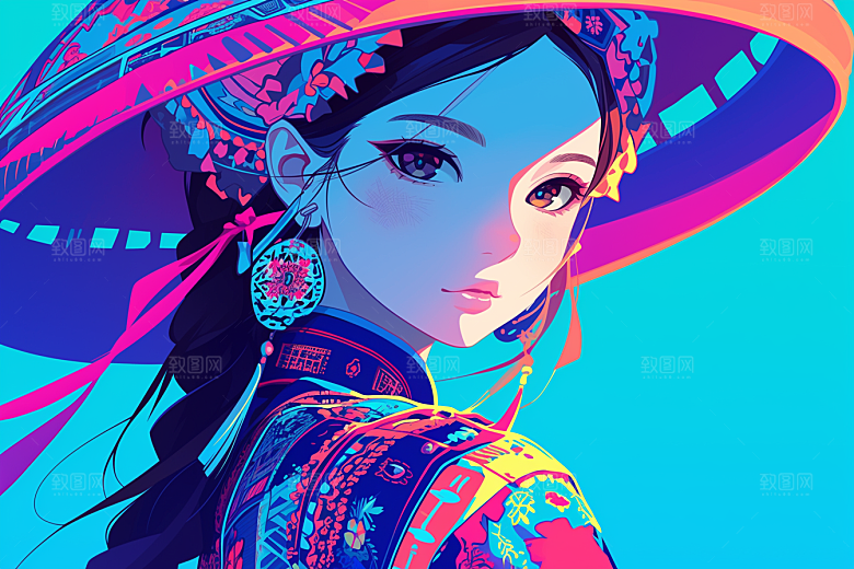东方人物民族服饰艺术风插画