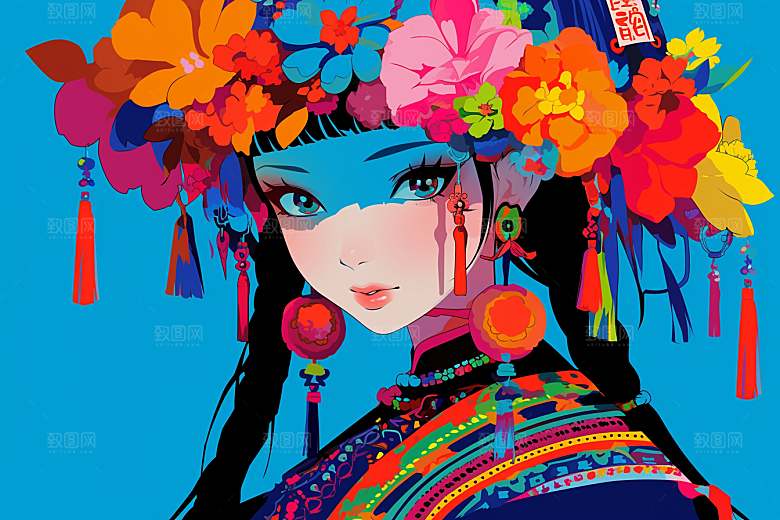 东方人物少数民族手绘插画