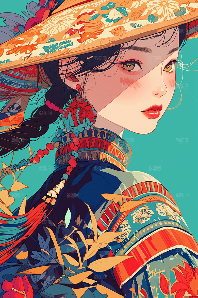 东方人物艺术风少数民族插画