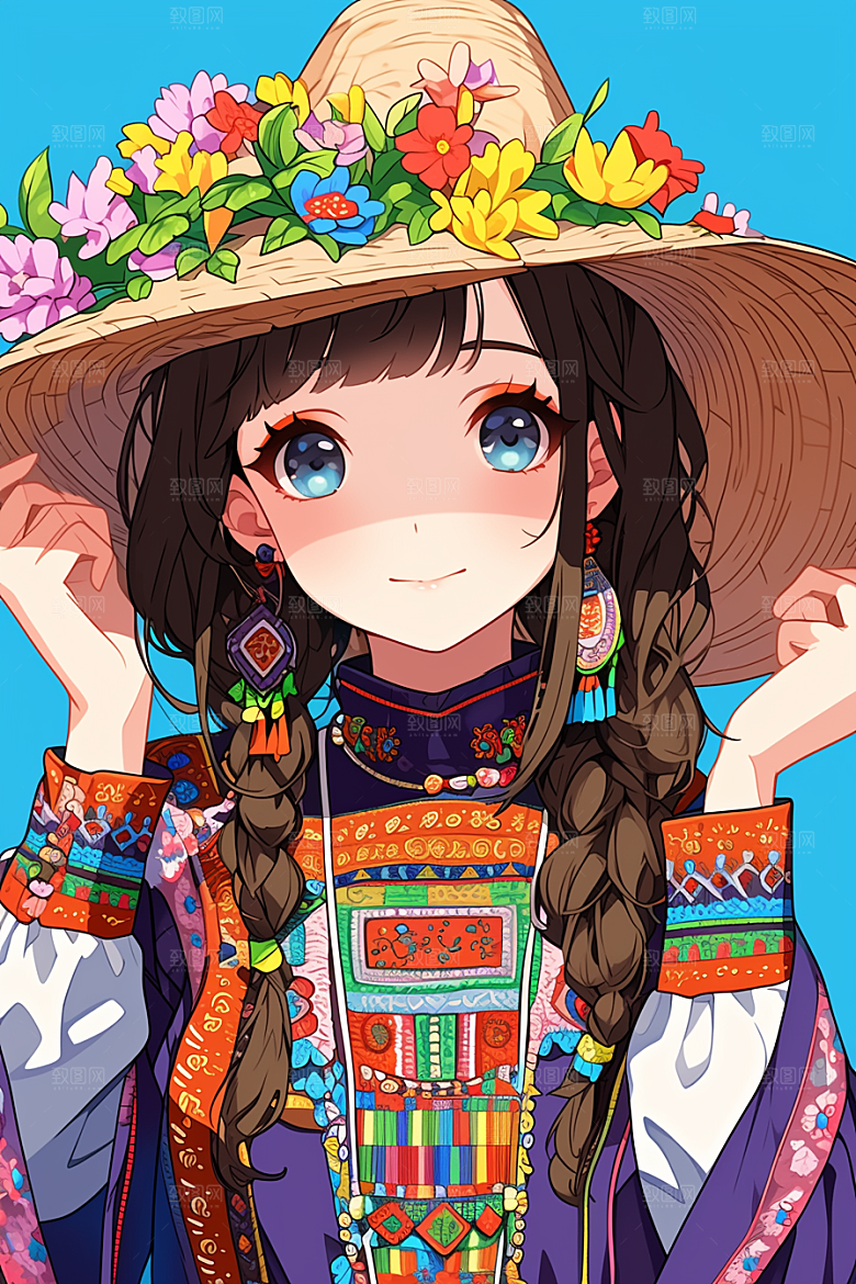 东方人物少女民族服饰插画