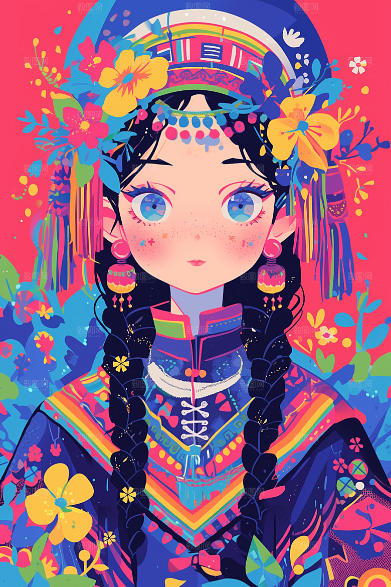 东方人物风格化手绘插画