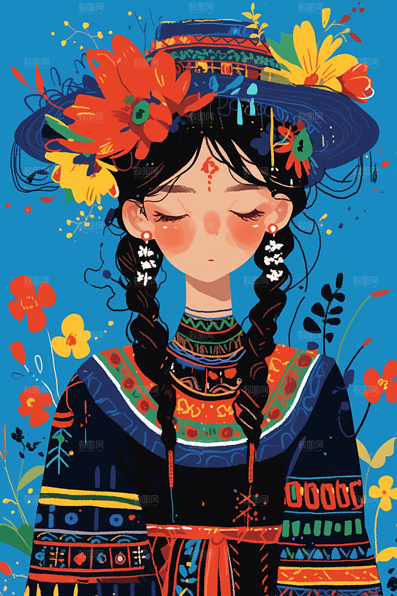 东方人物民族服饰艺术风插画