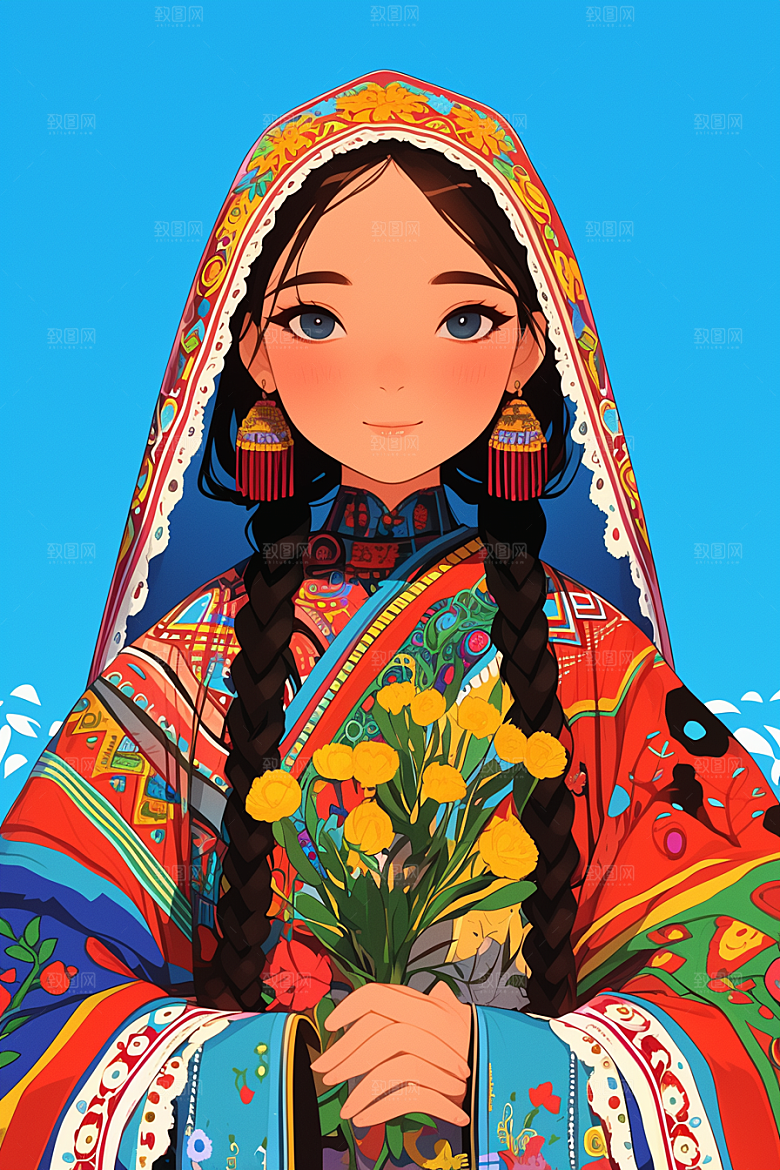 东方人物民族服饰少女插画