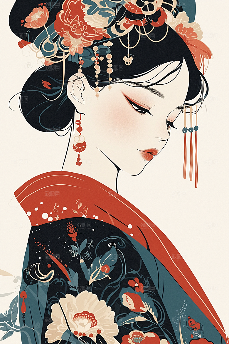 东方人物少女卡通插画