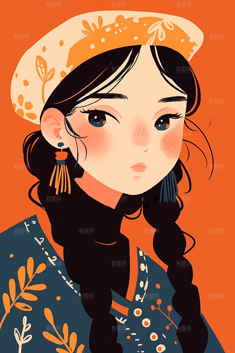 东方人物民族服饰风格化插画