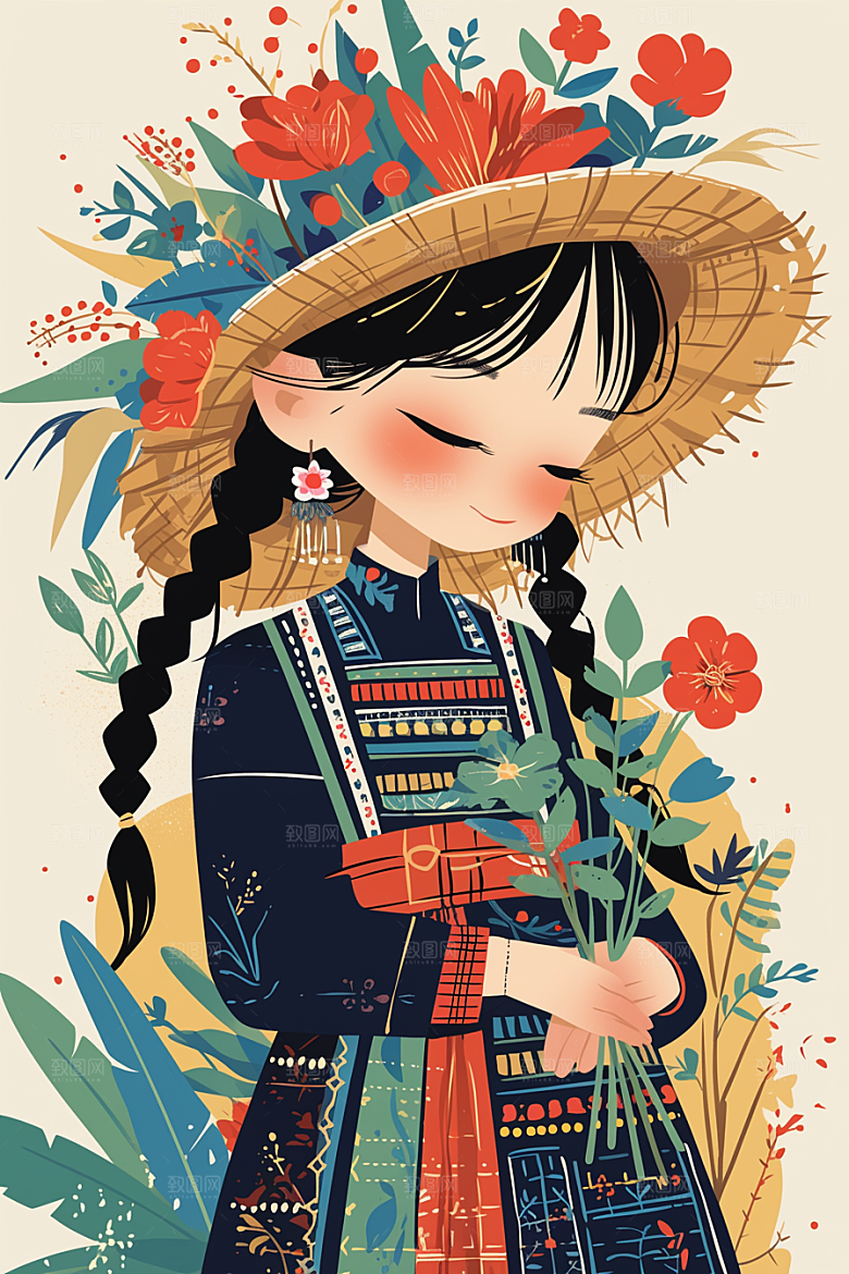 东方人物民族服饰艺术风插画