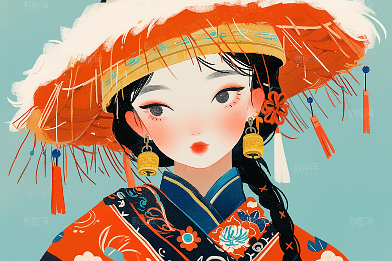东方人物民族服饰艺术风插画