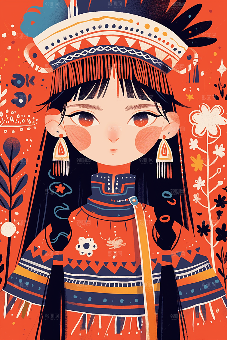 东方人物民族服饰风格化插画