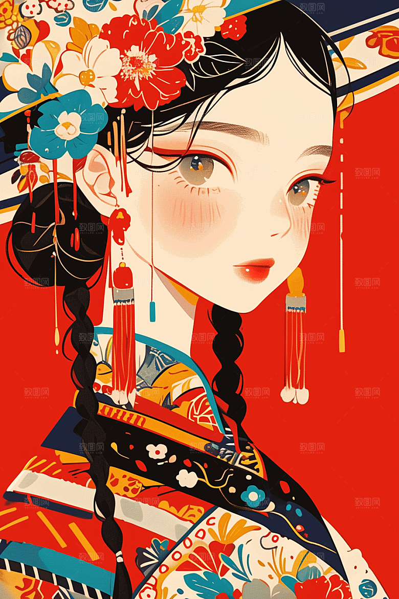 东方人物手绘艺术风插画