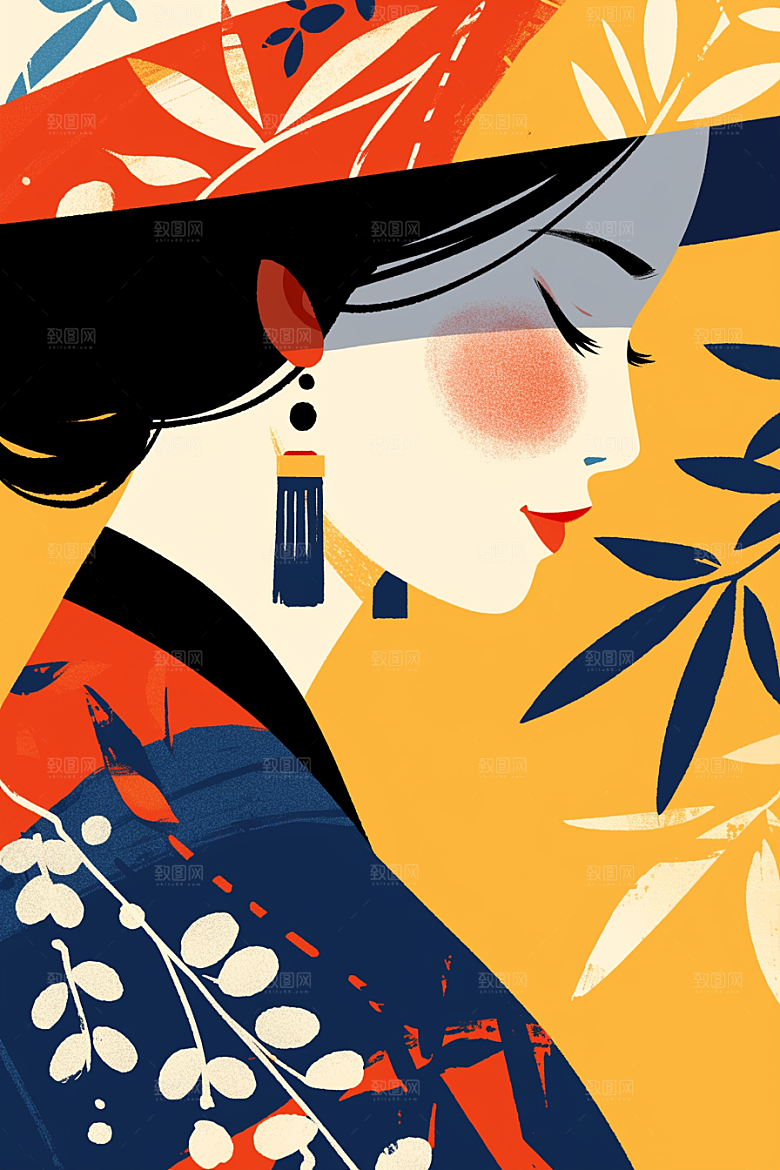 东方人物艺术风少女插画
