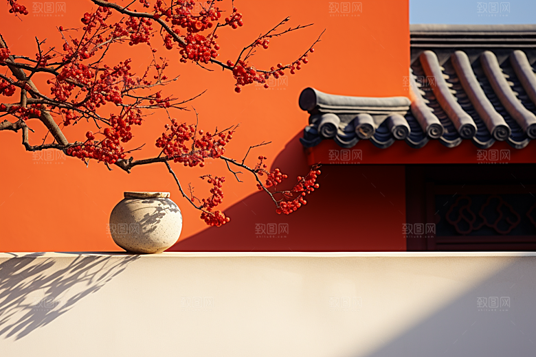 冬天腊梅花园林新中式摄影图