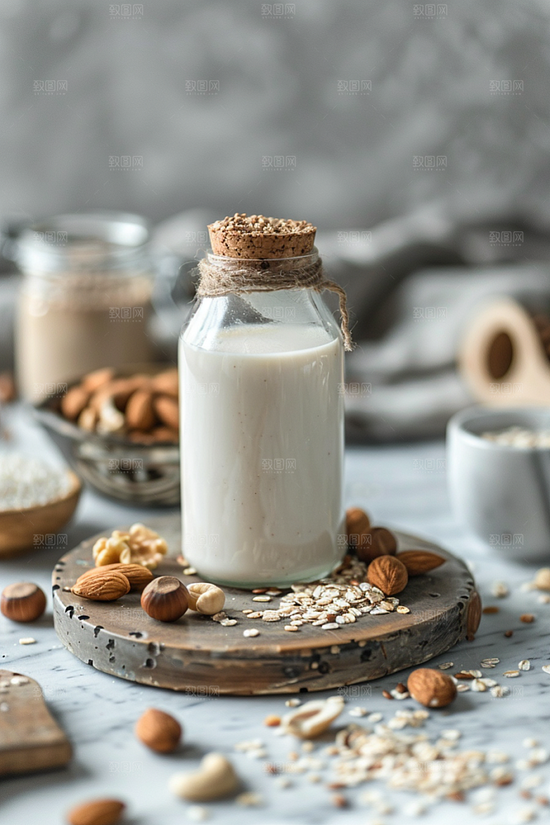 豆浆豆奶奶瓶能量餐摄影图