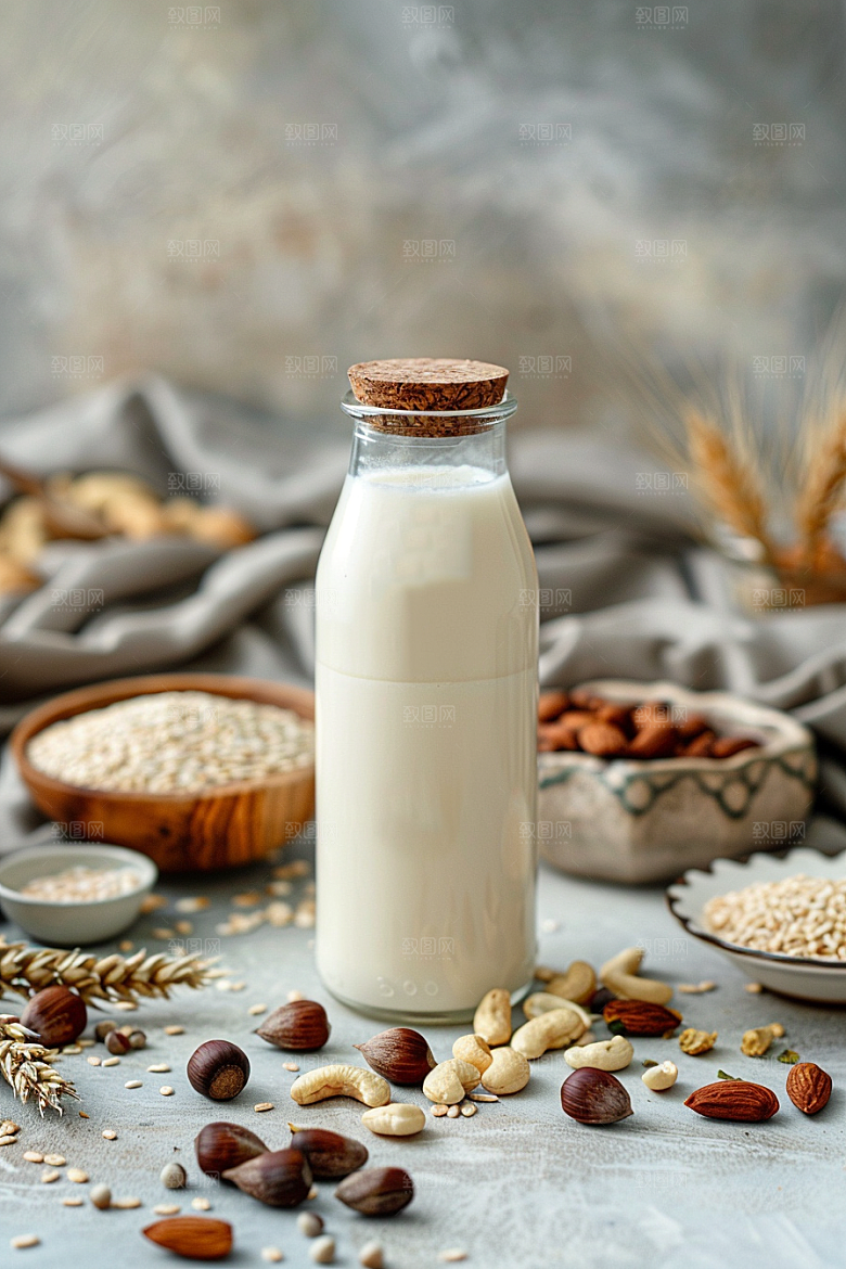 豆浆豆奶玻璃瓶能量餐摄影图