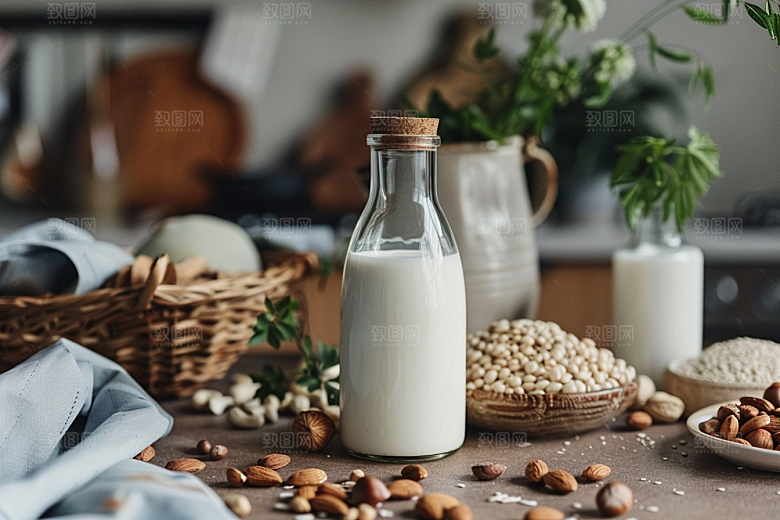 豆浆豆奶玻璃瓶早餐摄影图