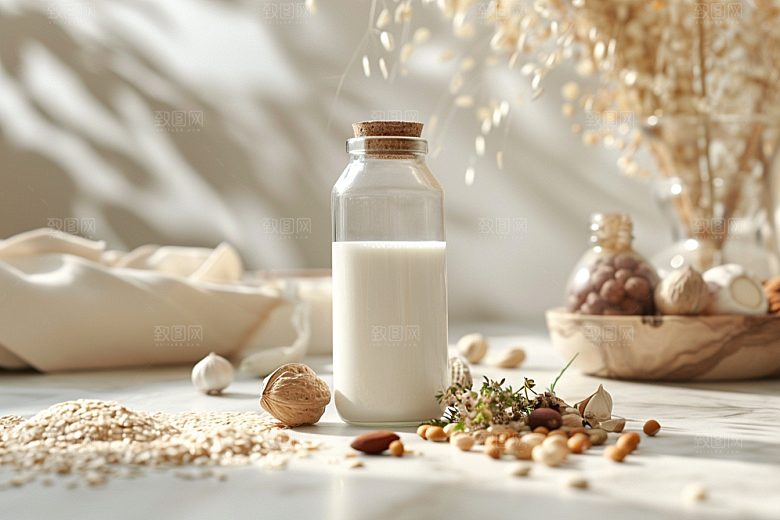豆浆豆奶玻璃瓶饮品摄影图