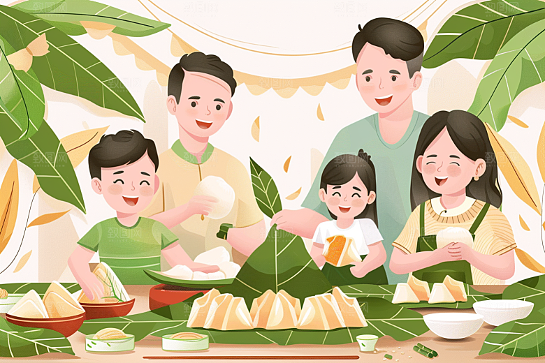 端午包粽子习俗高清插画