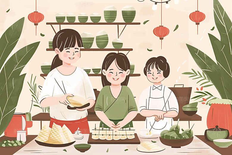 端午包粽子传统文化节日氛围插画