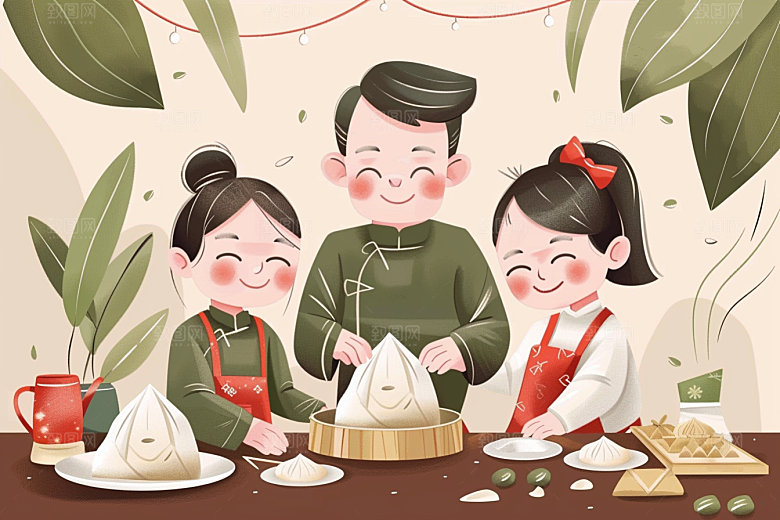 端午包粽子美味阖家团聚插画