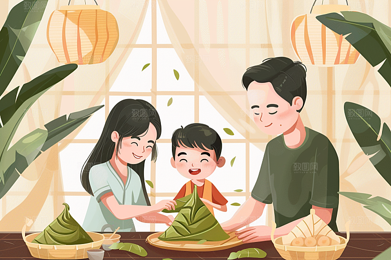 端午包粽子节日阖家团聚插画