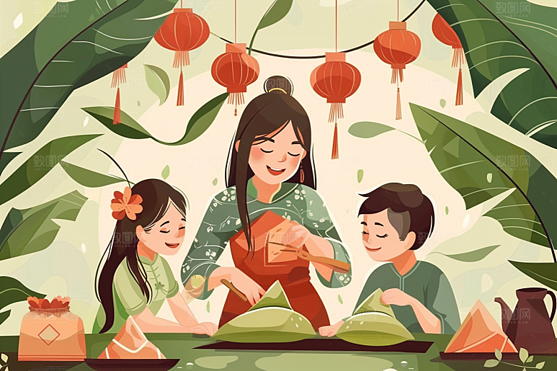 端午包粽子节日氛围传统文化插画