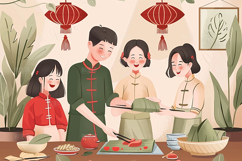 端午包粽子粽叶高清插画