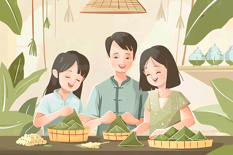 端午包粽子美食习俗插画