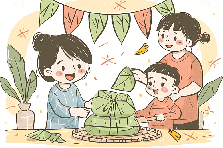 端午包粽子手绘小吃插画
