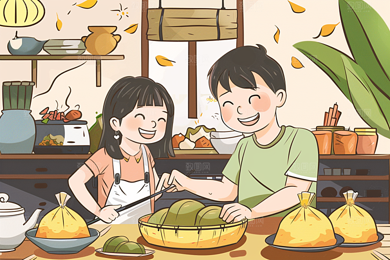 端午包粽子端午节美食插画