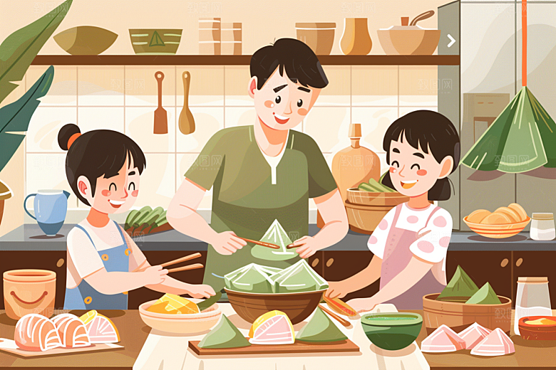 端午包粽子糯米幸福插画