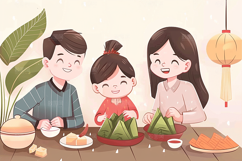 端午包粽子习俗高清插画