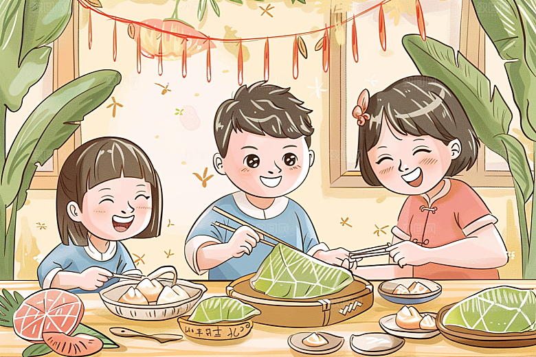 端午包粽子幸福高清插画